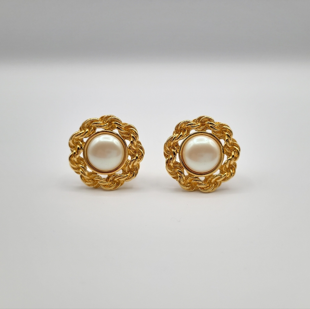 Vintage Monet Faux Pearl Clip-On Earrings | Gold Tone Rope Halo